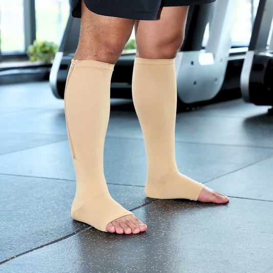 Zipper Toeless Compression Socks Beige